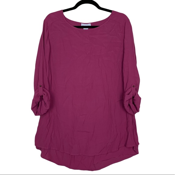 Soft Surroundings Raspberry Pink Roll Tab 3/4 Sleeve Scoop Neck Tunic Top Medium - Picture 1 of 6